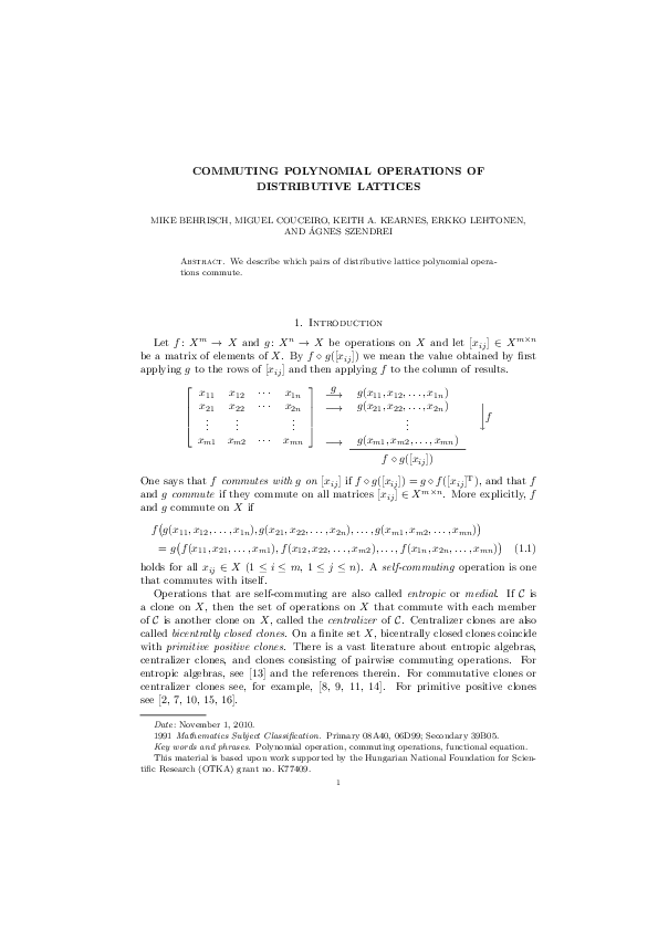 First page of “Commuting Polynomial Operations of Distributive Lattices”