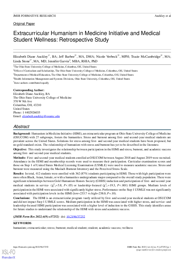 First page of “Extracurricular Humanism in Medicine Initiative and Medical Student Wellness: Retrospective Study”