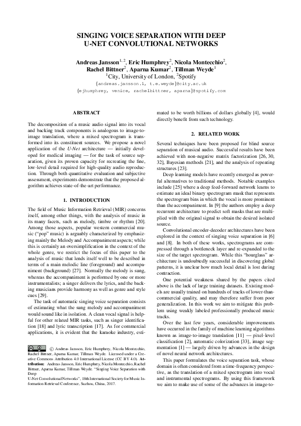 First page of “Singing voice separation with deep u-net convolutional networks”