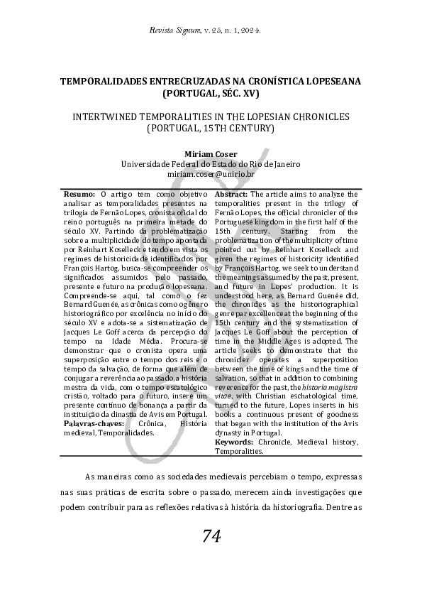 First page of “TEMPORALIDADES ENTRECRUZADAS NA CRONÍSTICA LOPESEANA (PORTUGAL, SÉC. XV)”