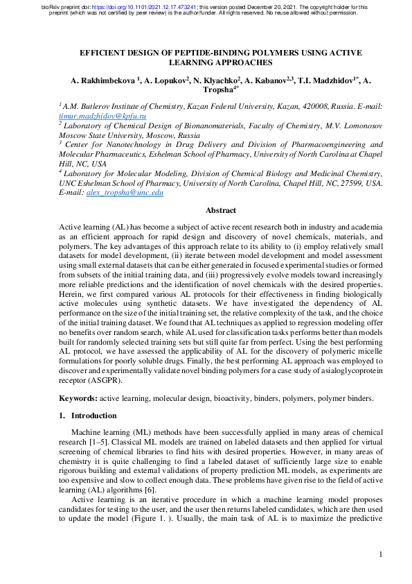 First page of “Efficient design of peptide-binding polymers using active learning approaches”