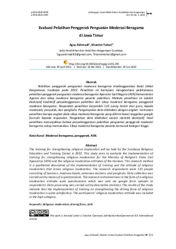 First page of “Evaluasi Pelatihan Penggerak Penguatan Moderasi Beragama di Jawa Timur”