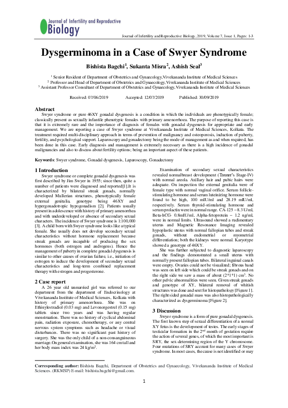 First page of “Dysgerminoma in a Case of Swyer Syndrome”