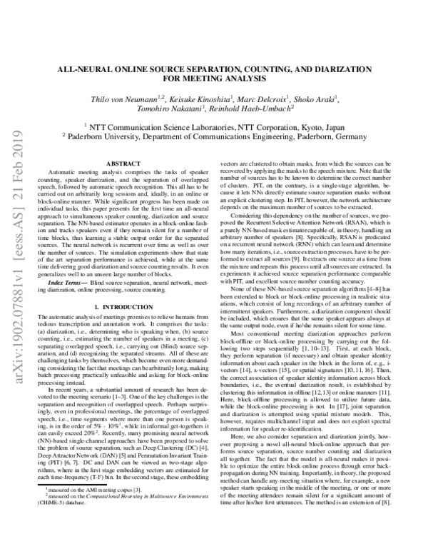 First page of “All-neural Online Source Separation, Counting, and Diarization for Meeting Analysis”