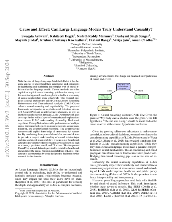 First page of “Cause and Effect: Can Large Language Models Truly Understand Causality?”