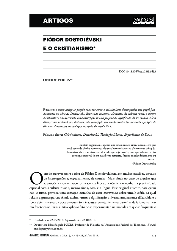 First page of “Fiódor Dostoiévski e O Cristianismo”