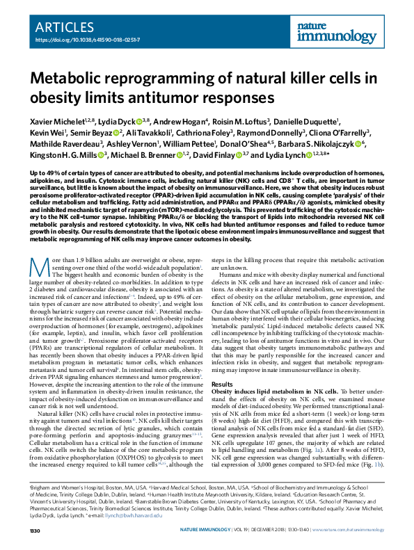 First page of “Metabolic reprogramming of natural killer cells in obesity limits antitumor responses”