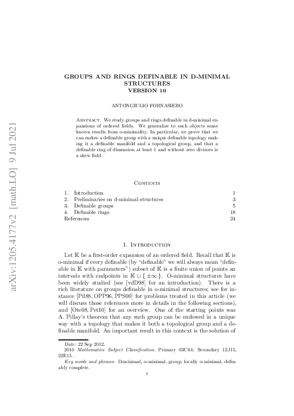 First page of “Groups and rings definable in d-minimal structures”