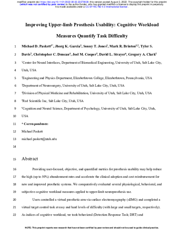 First page of “Improving Upper-limb Prosthesis Usability: Cognitive Workload Measures Quantify Task Difficulty”