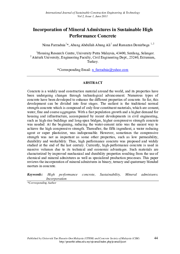 First page of “Incorporation of Mineral Admixtures in Sustainable High Performance Concrete”