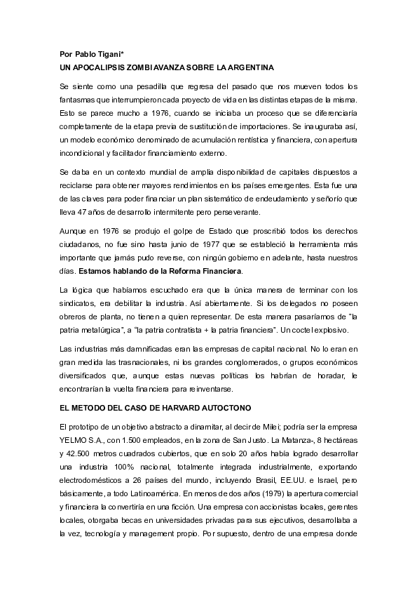 First page of “UN APOCALIPSIS ZOMBI AVANZA SOBRE LA ARGENTINA”