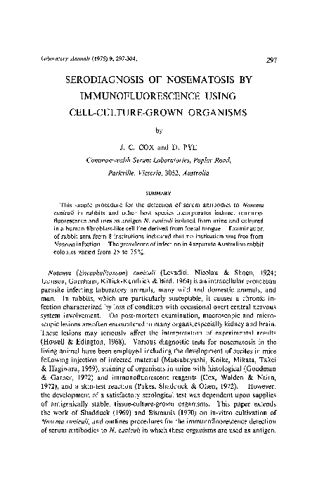 First page of “Serodiagnosis of nosematosis by immunofluorescence using cell-culture-grown organisms”