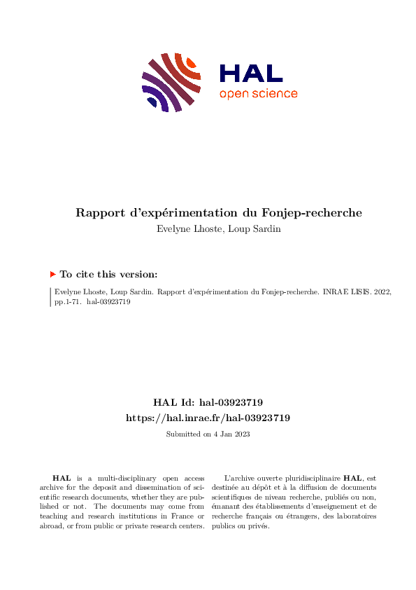 First page of “Rapport d'expérimentation du Fonjep-recherche”