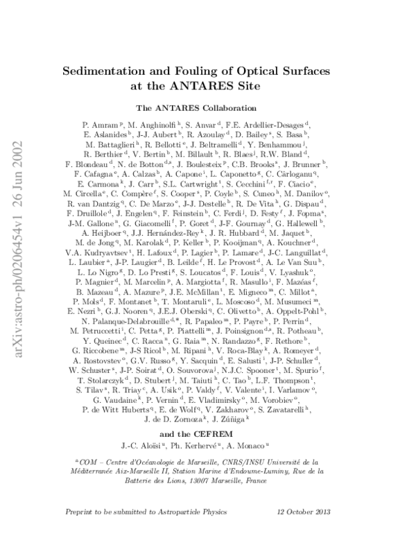 First page of “Sedimentation and fouling of optical surfaces at the ANTARES site”