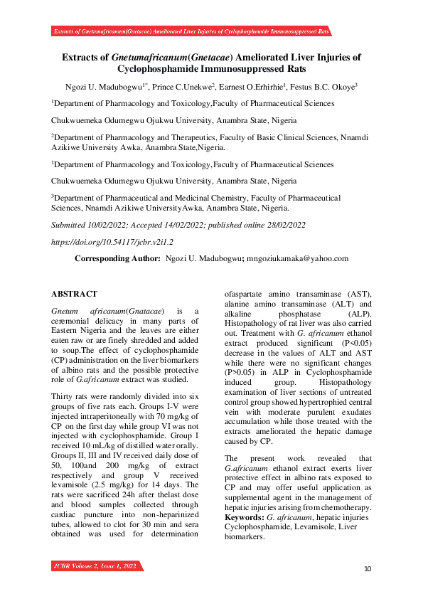 First page of “Extracts of Gnetumafricanum(Gnetacae) Ameliorated Liver Injuries of Cyclophosphamide Immunosuppressed Rats”