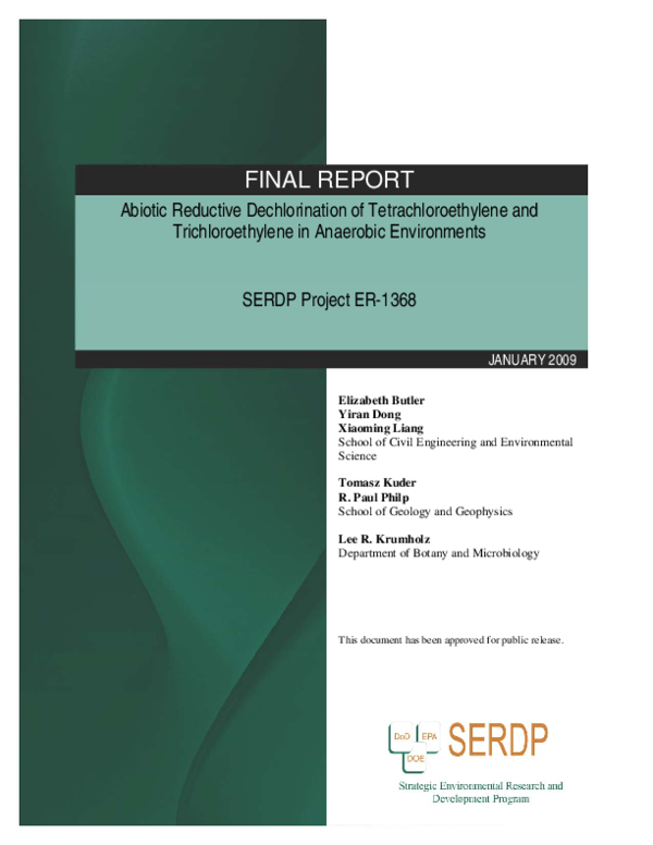 First page of “Abiotic Reductive Dechlorination of Tetrachloroethylene and Trichloroethylene in Anaerobic Environments”