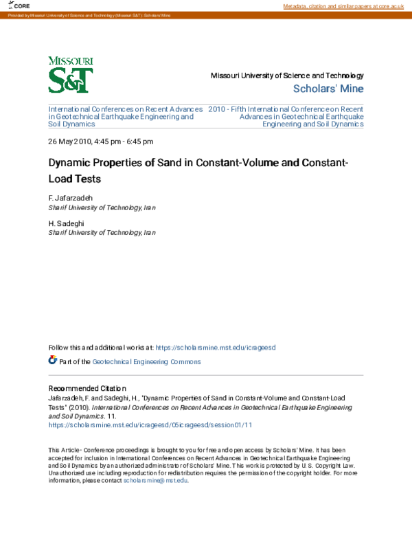 First page of “Dynamic Properties of Sand in Constant-Volume and Constant-Load Tests”