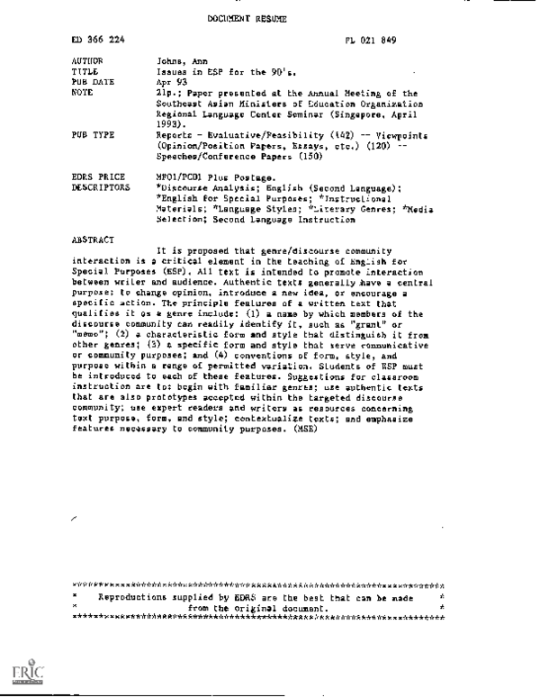 First page of “Issues in ESP for the 90's”