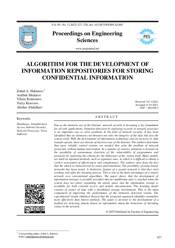 First page of “Algorithm for the Development of Information Repositories for Storing Confidential Information”