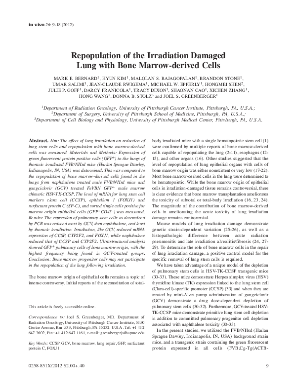 First page of “Repopulation of the irradiation damaged lung with bone marrow-derived cells”