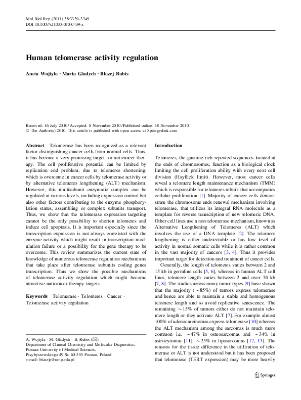 First page of “Human telomerase activity regulation”