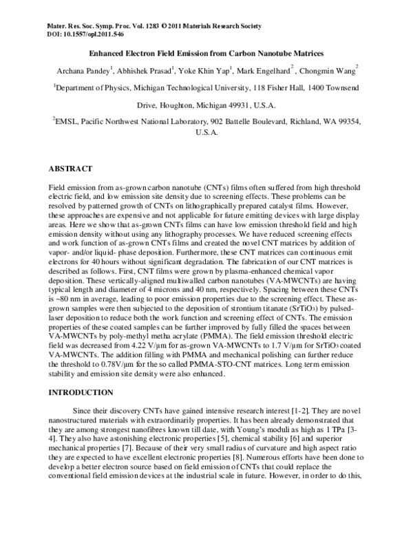 First page of “Enhanced Electron Field Emission from Carbon Nanotube Matrices”