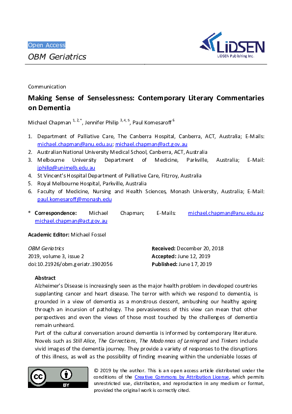 First page of “Making Sense of Senselessness: Contemporary Literary Commentaries on Dementia”