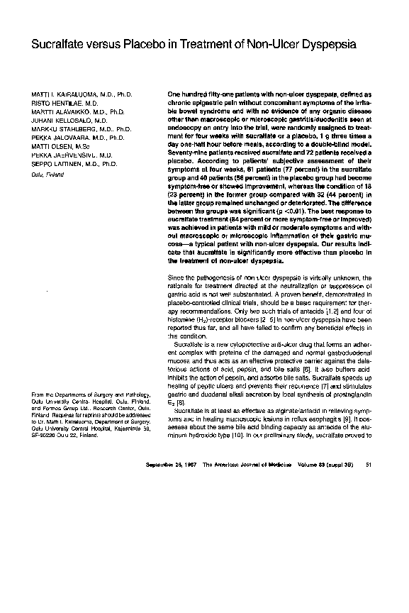 First page of “Sucralfate versus placebo in treatment of non-ulcer dyspepsia”