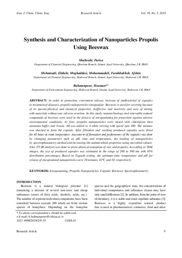 First page of “Synthesis and Characterization of Nanoparticles Propolis Using Beeswax”