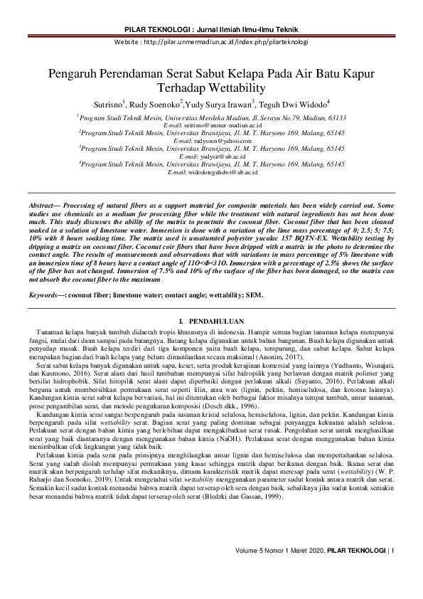 First page of “Pengaruh Perendaman Serat Sabut Kelapa Pada Air Batu Kapur Terhadap Wettability”