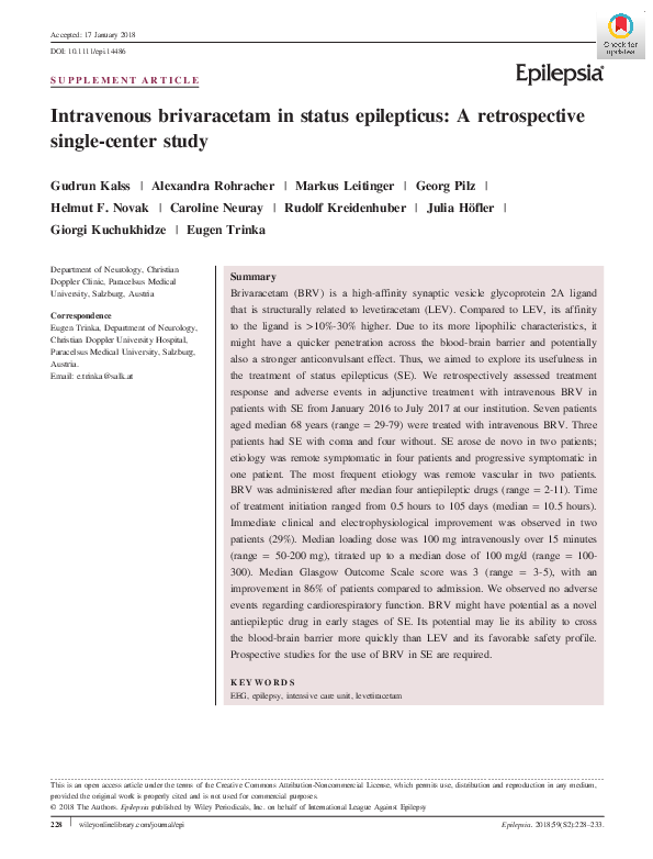 First page of “Intravenous brivaracetam in status epilepticus: A retrospective single‐center study”