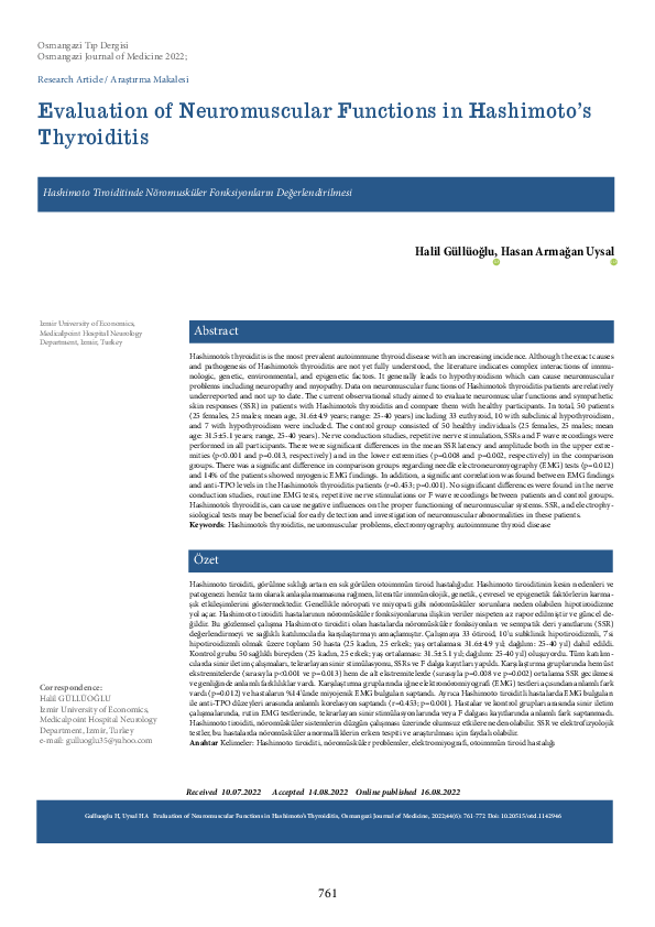 First page of “Hashimoto Tiroiditinde Nöromusküler Fonksiyonların Değerlendirilmesi”