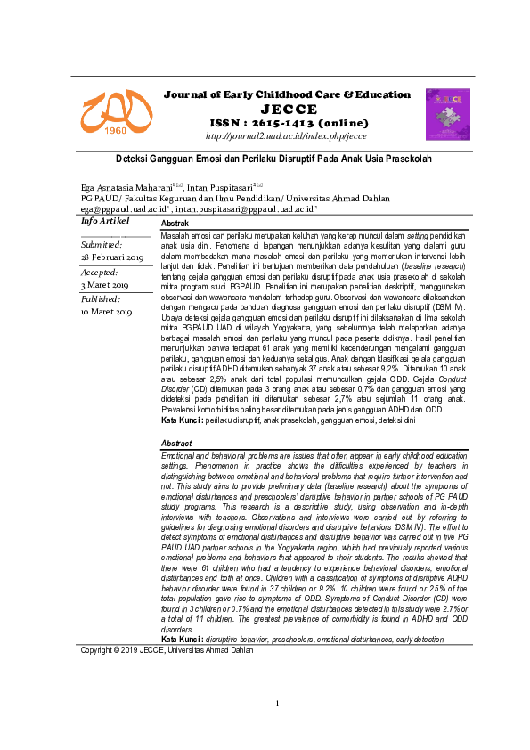 First page of “Deteksi Gangguan Emosi dan Perilaku Disruptif Pada Anak Usia Prasekolah”