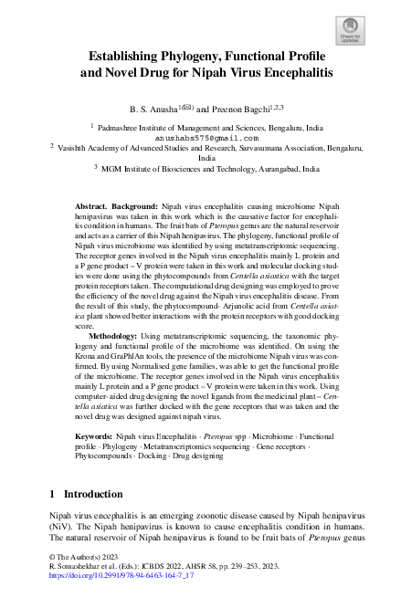 First page of “Establishing Phylogeny, Functional Profile and Novel Drug for Nipah Virus Encephalitis”