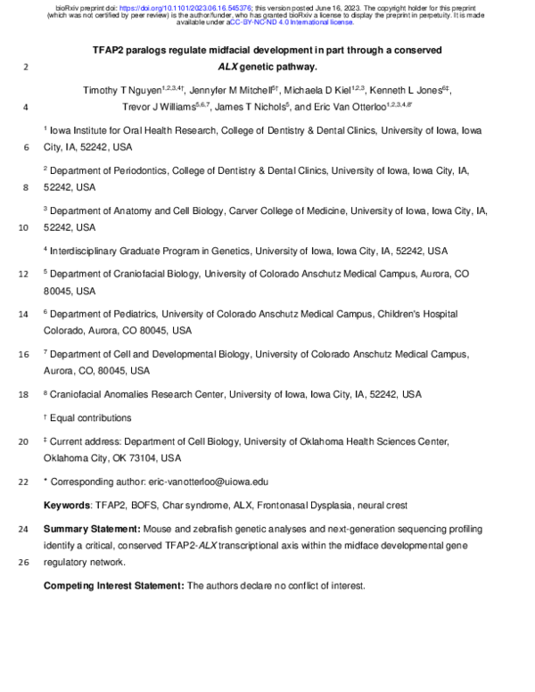 First page of “TFAP2 paralogs regulate midfacial development in part through a conservedALXgenetic pathway”