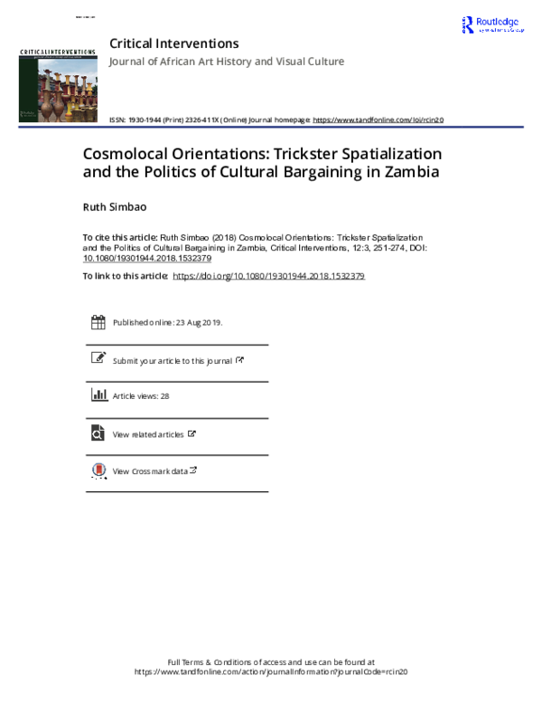 First page of “CosmolocalOrientations: TricksterSpatialization and thePolitics ofCulturalBargaining inZambia”