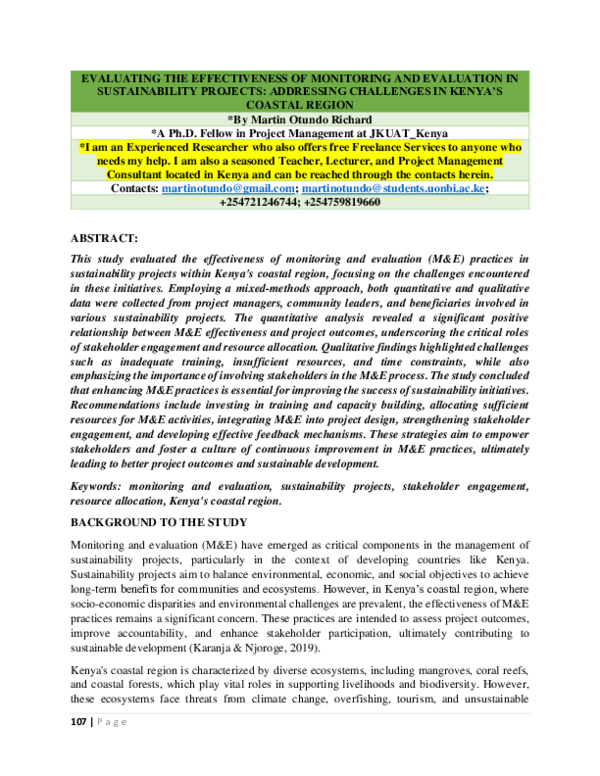 First page of “EVALUATING THE EFFECTIVENESS OF MONITORING AND EVALUATION IN SUSTAINABILITY PROJECTS”