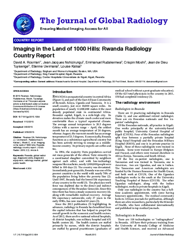 First page of “Imaging in the Land of 1000 Hills: Rwanda Radiology Country Report”