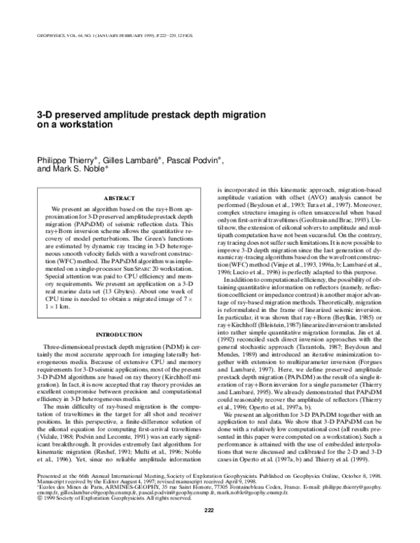 First page of “3-D preserved amplitude prestack depth migration on a workstation”