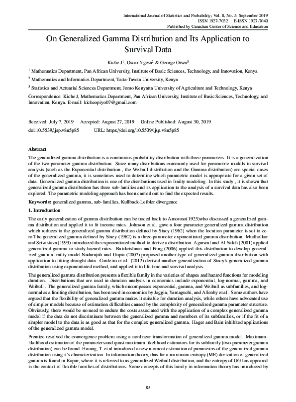 First page of “On Generalized Gamma Distribution and Its Application to Survival Data”