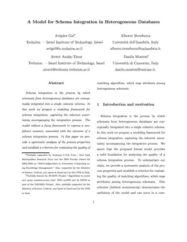 First page of “A model for schema integration in heterogeneous databases”