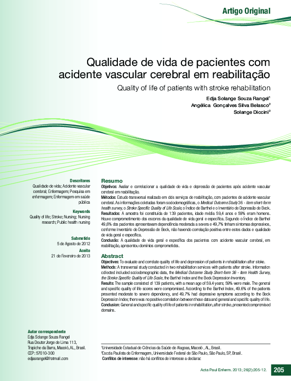 First page of “Qualidade de vida de pacientes com acidente vascular cerebral em reabilitação”