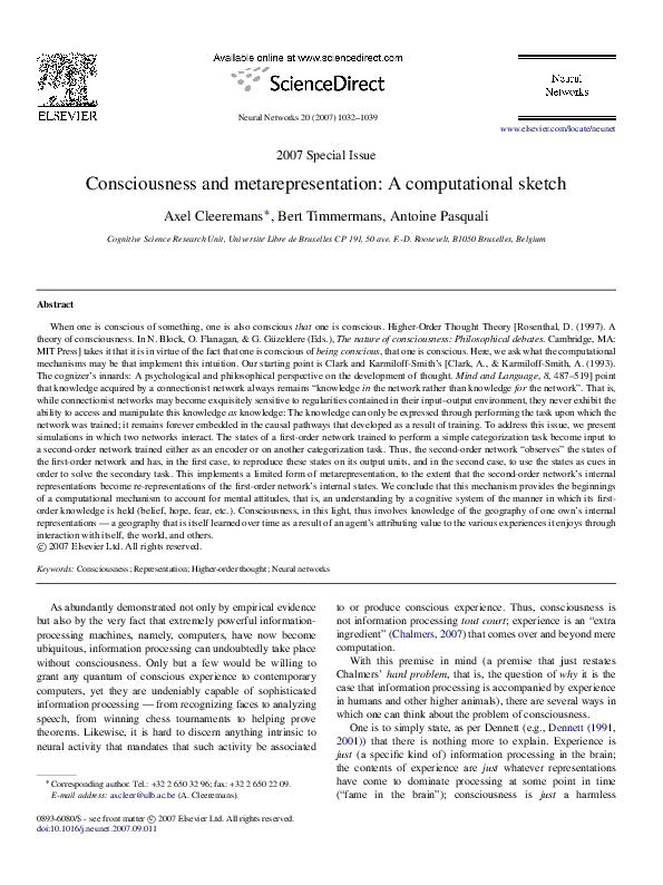 First page of “Consciousness and metarepresentation: A computational sketch”