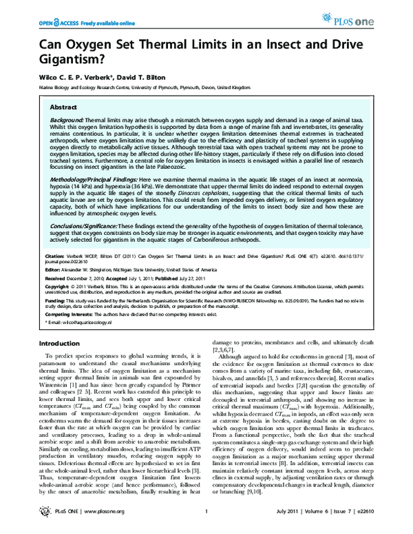 First page of “Can oxygen set thermal limits and drive gigantism?”