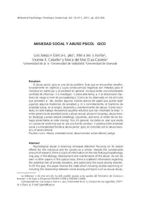 First page of “Abuso psicologico y ansiedad social. Social anxiety and psychological abuse”