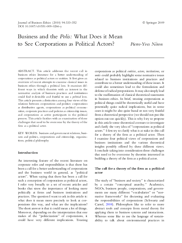 First page of “Business and the polis: corporations as political actors”