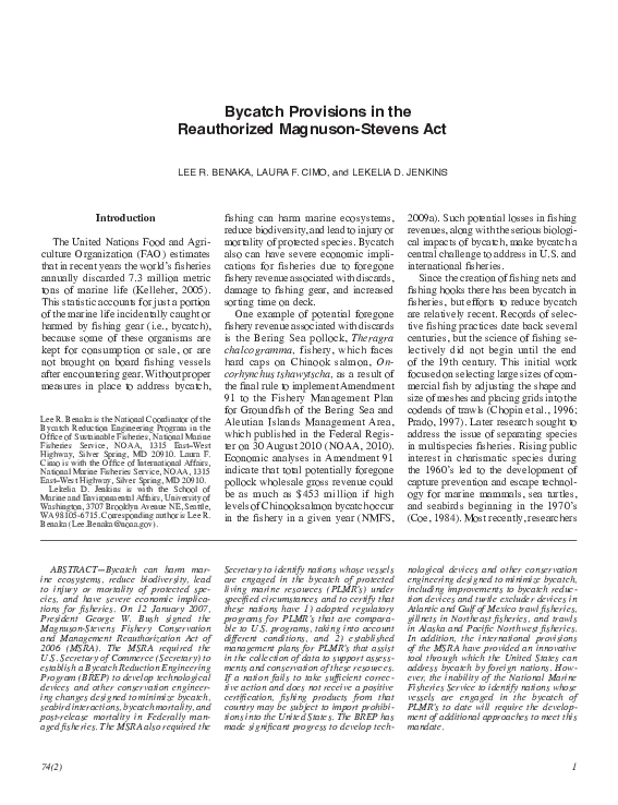 First page of “Bycatch Provisions in the Reauthorized Magnuson-Stevens Act”