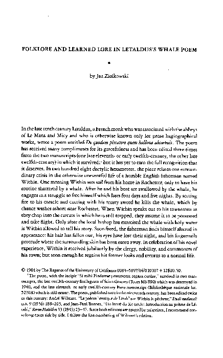 First page of “Folklore and Learned Lore in Letaldus's Whale Poem”