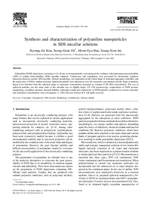 First page of “Synthesis and characterization of polyaniline nanoparticles in SDS micellar solutions”