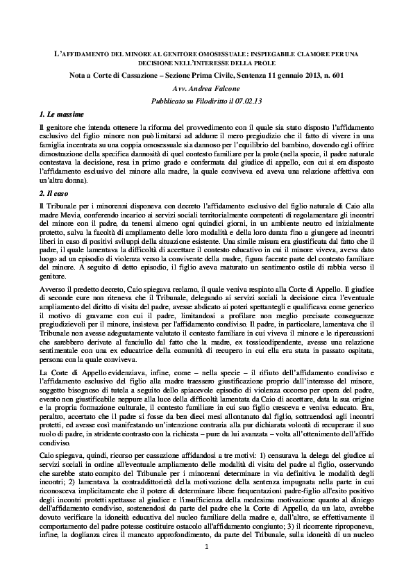 First page of “L'affidamento del minore al genitore omosessuale”